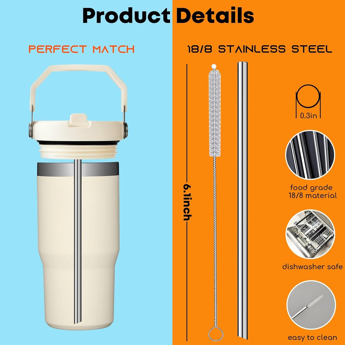 ALINK Stainless Steel Straws Compatible with Stanley Iceflow 30oz Flip Tumbler, 6 Pack Reusable Metal Straws for Stanley Ice Flow 30oz Cup Lid Only, Plus Straw Brush