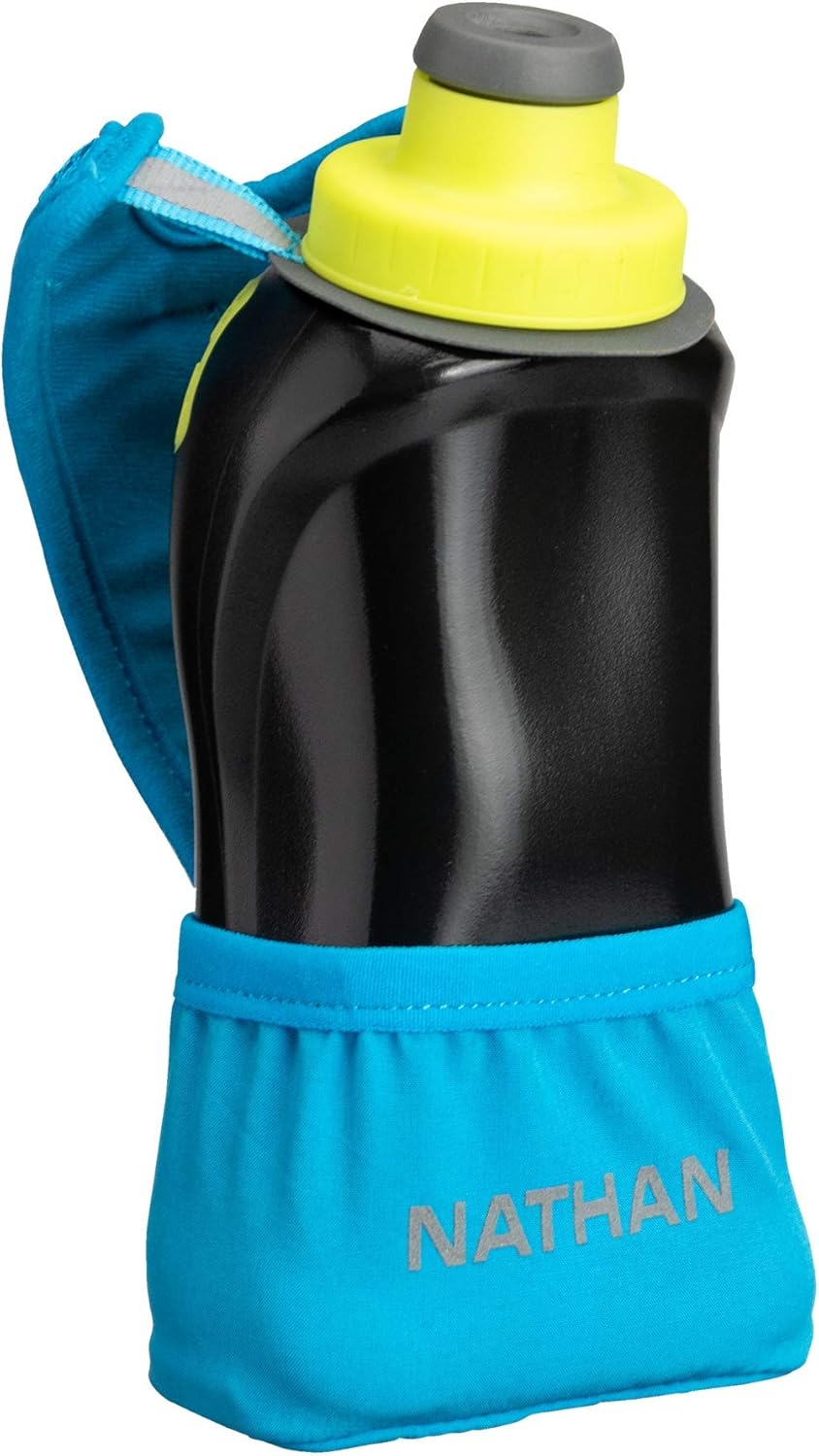 Nathan Running Handheld Water Bottle Adjustable No-Grip Quick Squeeze Lite Hand Strap. Reflective Hydration