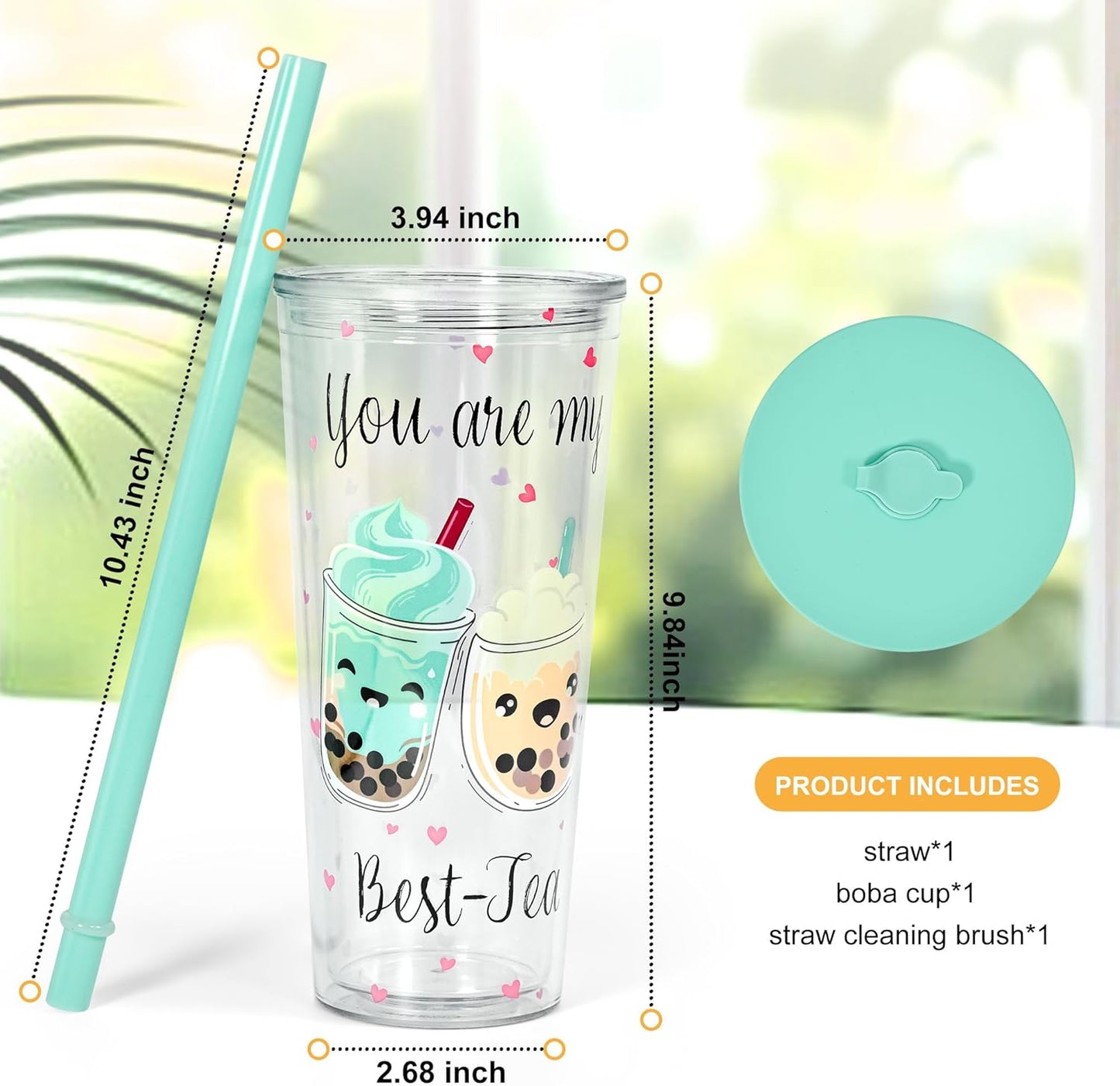 sweet grain Reuasble Boba Cup, 24 oz 100% Leak Proof and Double Wall Insulated Iced Coffee Tumbler with Reusable Plastic Straws and Straw Cleaner(Sky Blue)