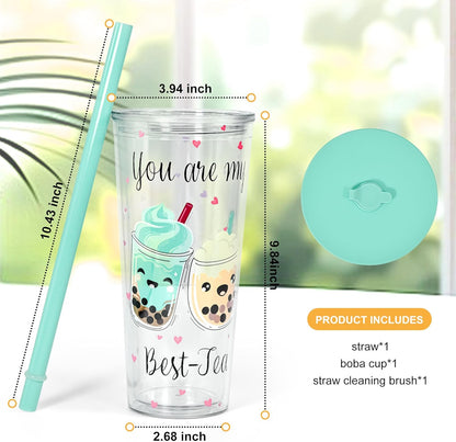 sweet grain Reuasble Boba Cup, 24 oz 100% Leak Proof and Double Wall Insulated Iced Coffee Tumbler with Reusable Plastic Straws and Straw Cleaner(Sky Blue)