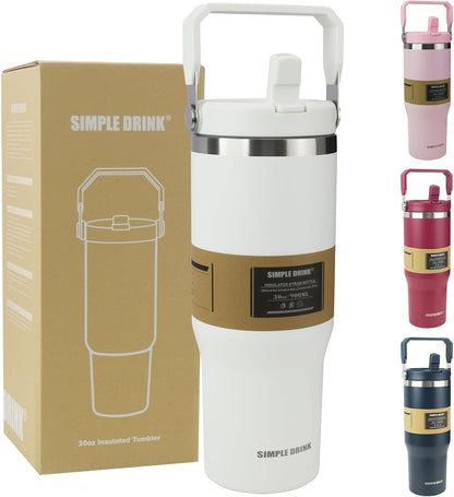 30oz Flip Straw Insulated Water Bottle with Handle, Leak Proof Stainless Steel Travel Tumbler With Lid, Double Wall Vacuum Iced Coffee Travel Mug, Sport Cup, Outside use