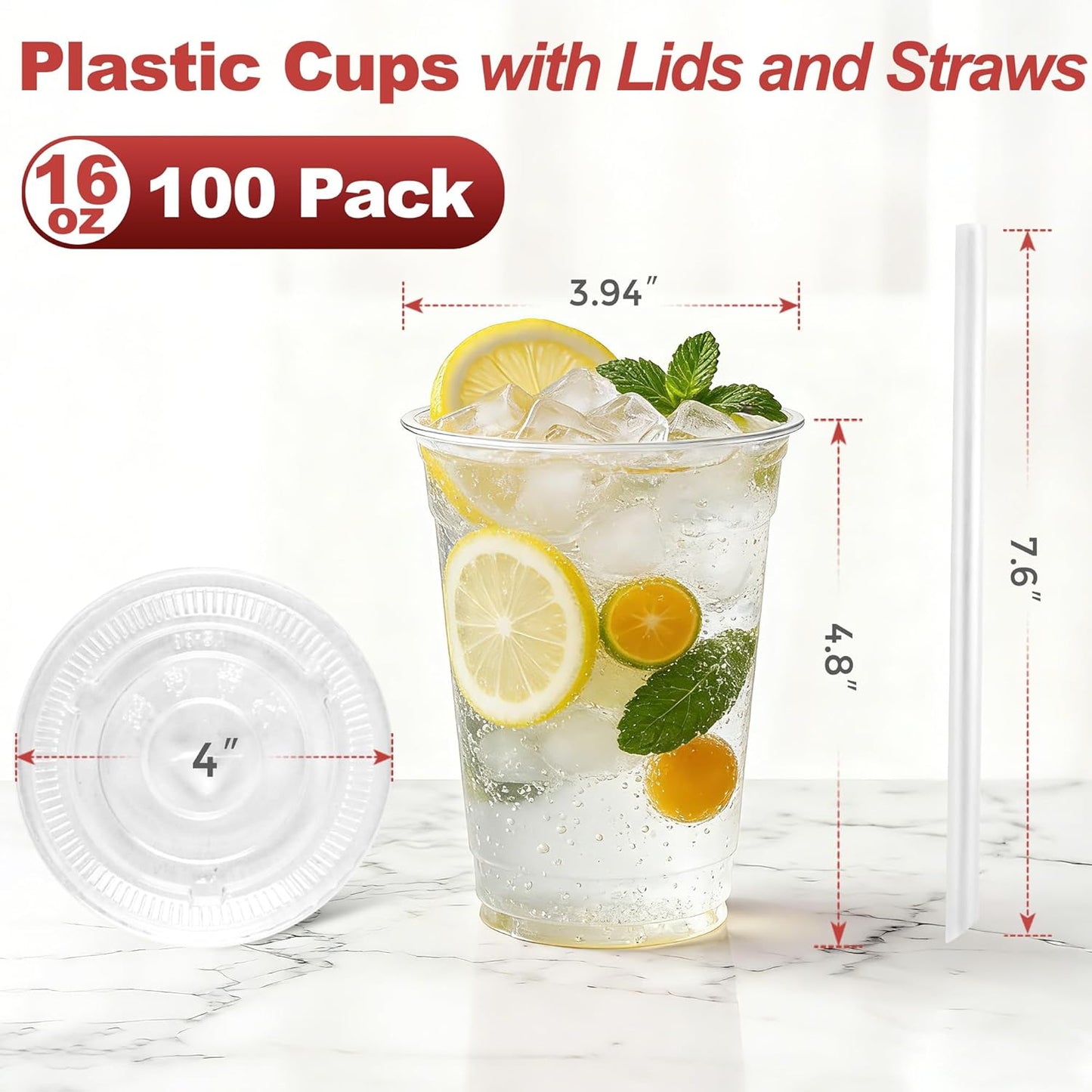 Ginkgo 32 oz Clear Plastic Cups with Lids and Jumbo Straws, Disposable To Go Iced Coffee Cups for Smoothie, Boba Milk Tea - 50 Pack