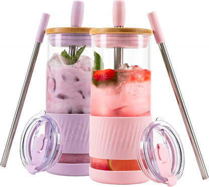 Pandaloo® Glass Cups With Lids and Straws -20 Fl Oz- Perfect Size Iced Coffee Cup - Smoothie Cup With Bamboo Lid and On the go Lid - Glass Tumbler With Straw (1 Count (Pack of 1), Lilac Rhapsody)