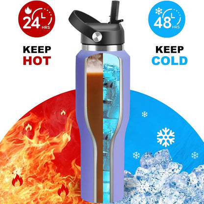 HYDROWION 32oz Stainless Steel Water Bottle(Cold for 48 Hrs, Hot for 24 Hrs),Double Wall Vacuum Insulated Water Bottle with Straw Lid, Spout Lid and Flex Cap, Fit in Any Car Cup Holder,Black