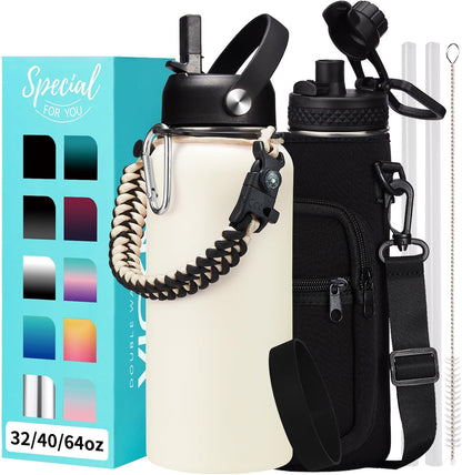 32/40/64OZ Insulated Water Bottle - Keep Cold 48H Hot 24H, Combo Straw/Spout Lids, Paracord Handle for Gym/Hiking, Carrier Bag +Strap, Cup Mat, BPA-Free Stainless Steel Flask Jug