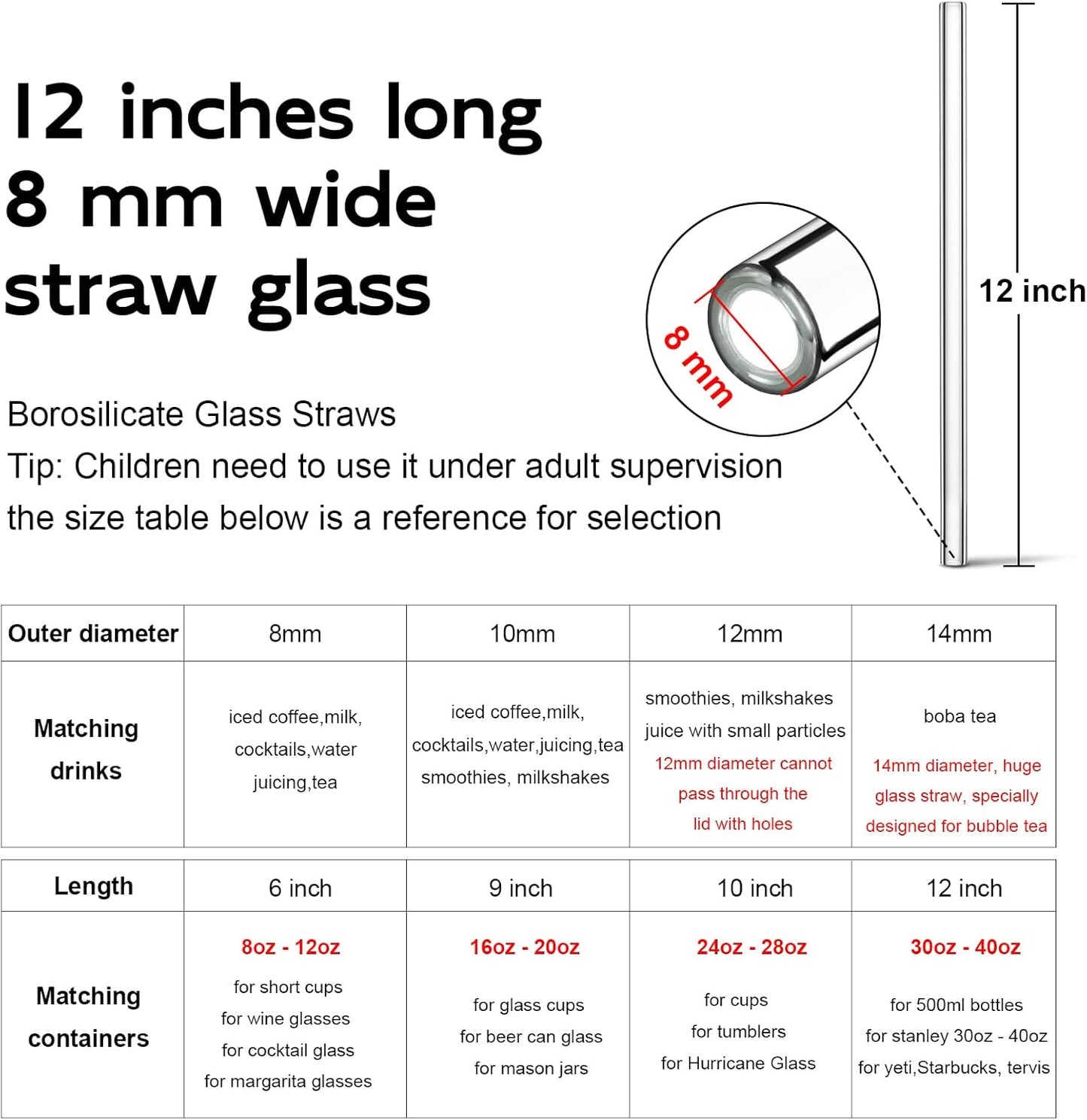 Reusable Glass Straws Shatter Resistant Clear, Skinny Glass Straw Bent Thin for 16 oz Cups Tumblers 9 inch 8mm