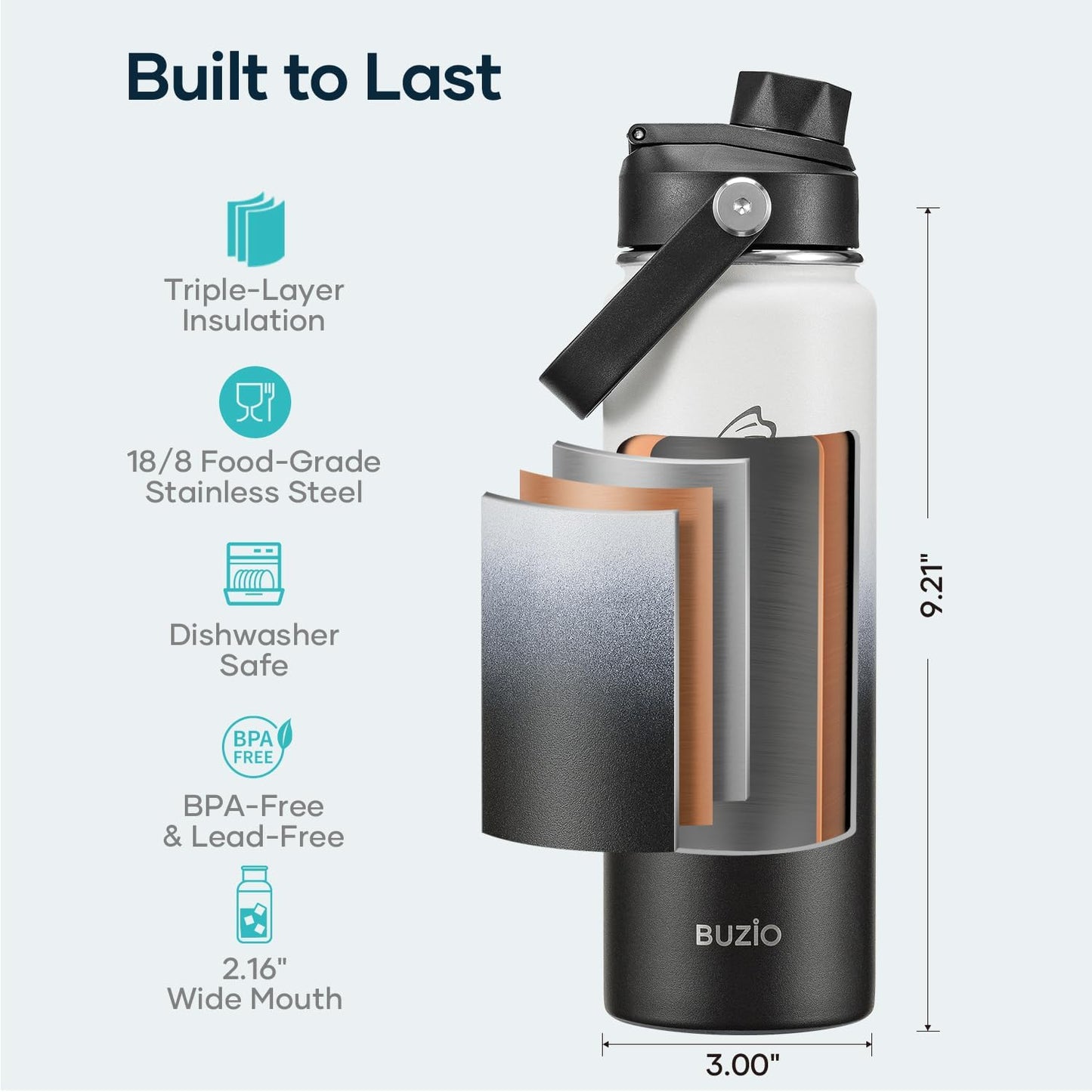 BUZIO 40oz Insulated Water Bottle, Triple Wall Vacuum Stainless Steel Water Flask with 2 lids, Lead-Free BPA-Free Straw Lid Sports Canteen Jug, Cold 48H & Hot 24H- Black - Colors A