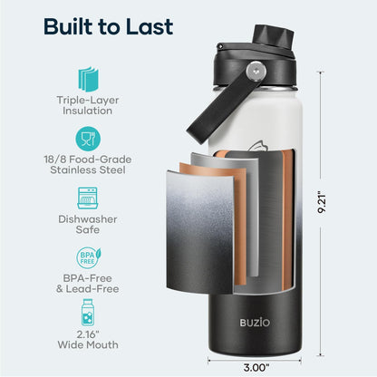BUZIO 40oz Insulated Water Bottle, Triple Wall Vacuum Stainless Steel Water Flask with 2 lids, Lead-Free BPA-Free Straw Lid Sports Canteen Jug, Cold 48H & Hot 24H- Black - Colors A