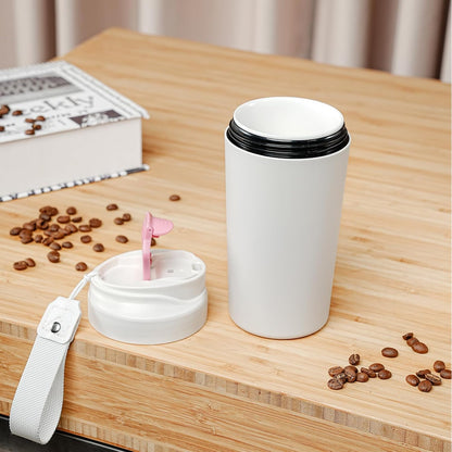 16oz Ceramic Travel Mug with Lid- 100% Real Ceramic Liner (No Coating), Heat-Resistant Outer Wall, Leak-Proof Lid with Detachable Strap, Fits Car Cup Holder