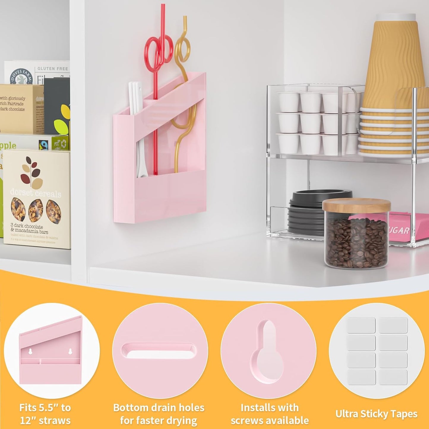 Acrylic Straw Holder for Cabinet - 9.5 Inch Clear Reusable Straw Organizer Dispenser with Ultra Sticky Adhesive Tapes, Slanted Kitchen Accessories Container Cupboard Door Mounted