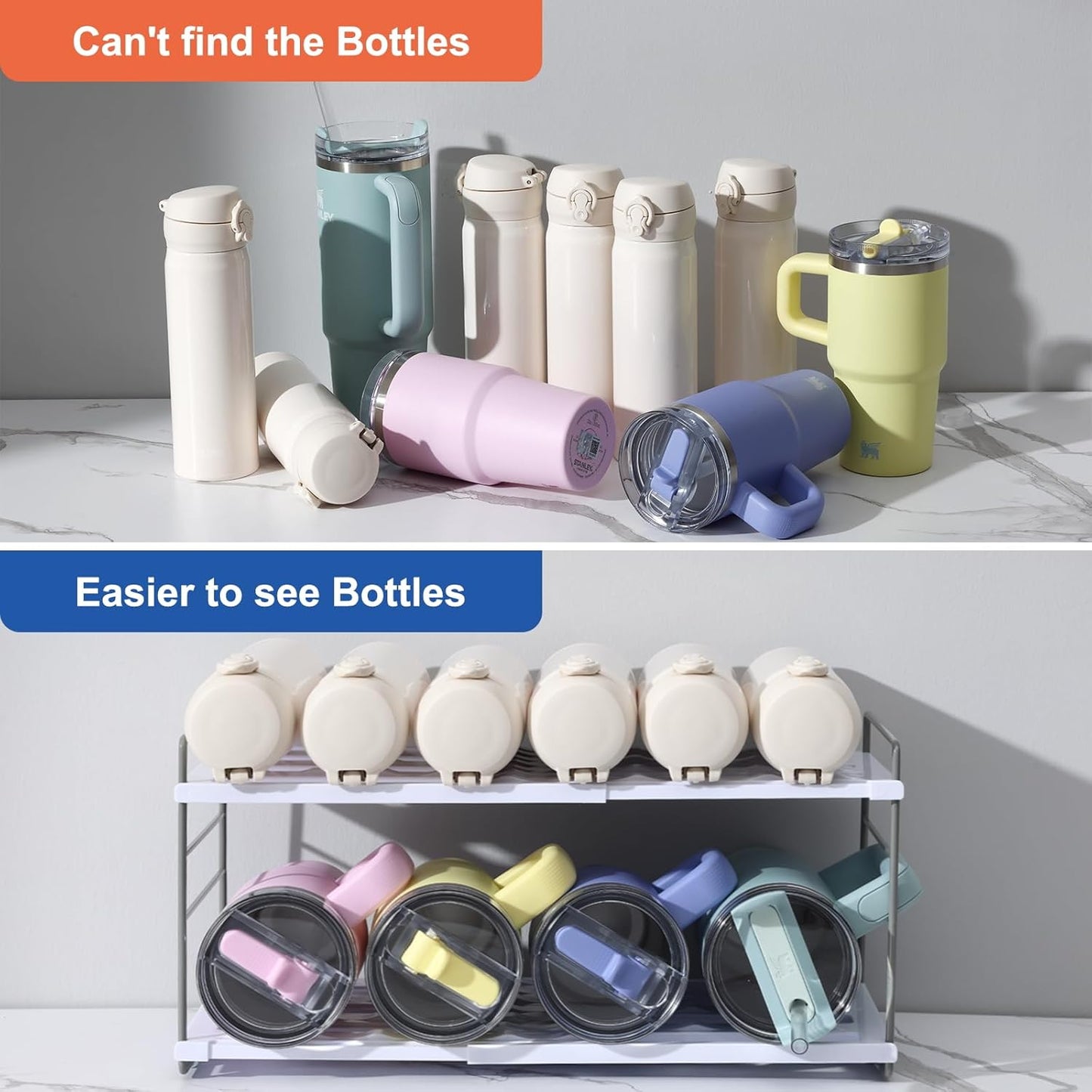 Water Bottle Organizer For Cabinet, Adjustable Tumbler Storage, Expandable 2 Tier Cup Organizer For Kitchen, Water Bottle Shelf Rack Holder For Pantry Countertop Fridge, White