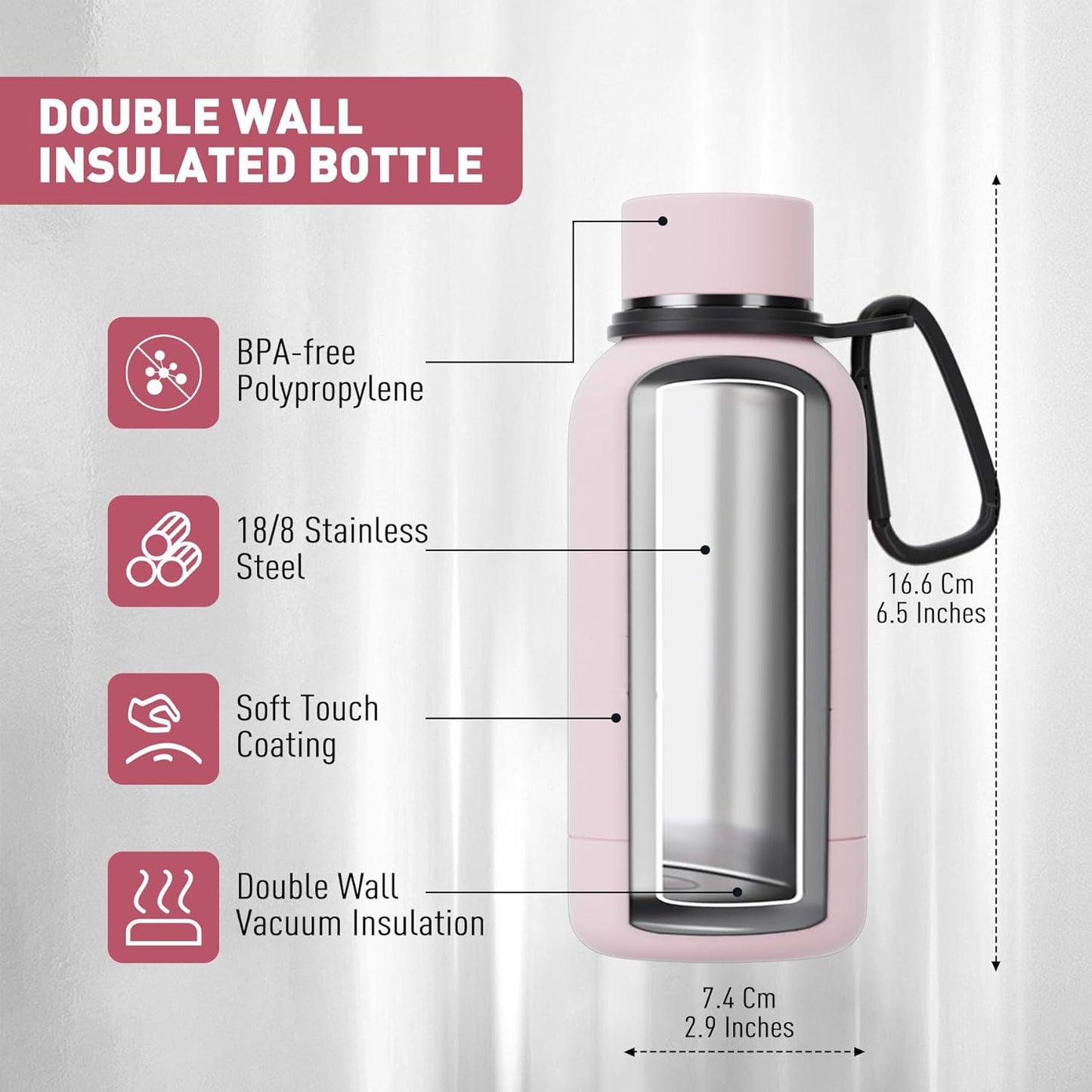 Exllena Slim Insulated Water Bottles for Travel 18oz with Clip, Double Wall Vacuum Stainless Steel Water Bottle Keeps Drinks Cold 24 Hrs/Hot 12 Hrs, 100% Leakproof, BPA Free(Black)