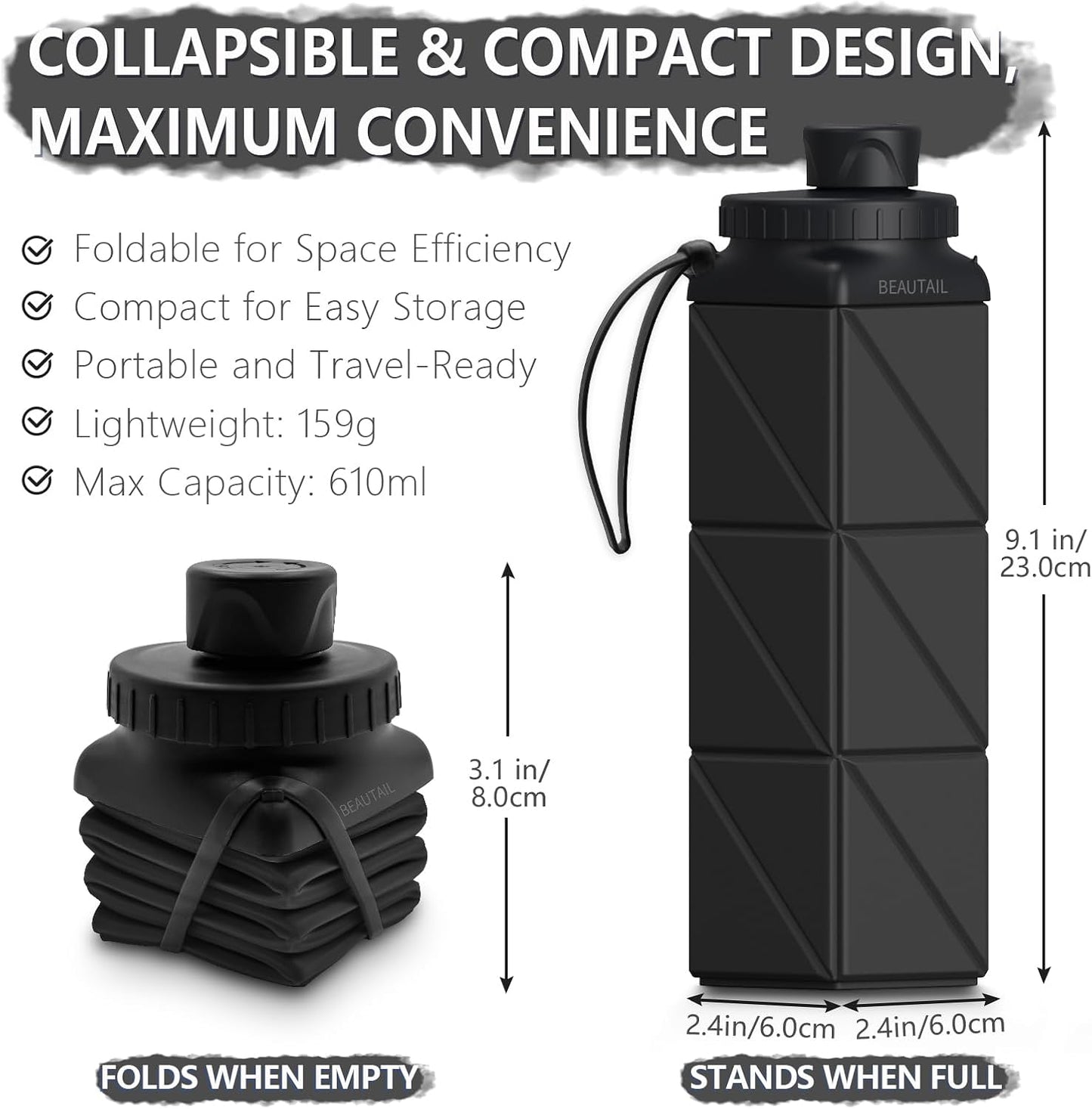 BEAUTAIL Collapsible Water Bottles 20.6oz, Silicone Foldable Portable Travel Water Bottle, Lightweight Reusable Leakproof for Traveling Camping Hiking Cycling Yoga Sports Outdoor