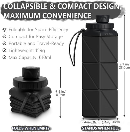 BEAUTAIL Collapsible Water Bottles 20.6oz, Silicone Foldable Portable Travel Water Bottle, Lightweight Reusable Leakproof for Traveling Camping Hiking Cycling Yoga Sports Outdoor