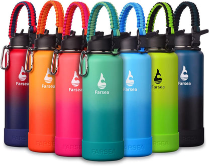 Farsea Insulated Water Bottle With Paracord Handle, Protective Silicone Boot and 2 Lids (Straw Lid & Spout Lid), Stainless Steel Water Bottle Wide Mouth, Double Wall Sweat-Proof BPA-Free, 24 oz
