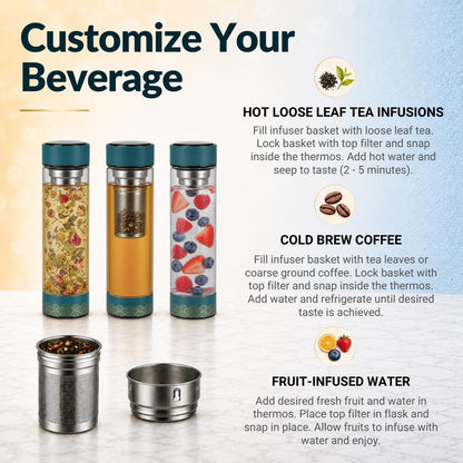 Farasi Tea Infuser for Loose Leaf Tea Smart Water Bottle with Temperature Display, Stainless Steel Insulated Coffee and Fruit Tea Infuser Bottle - Green Floral Travel Tea Mugs 15 oz