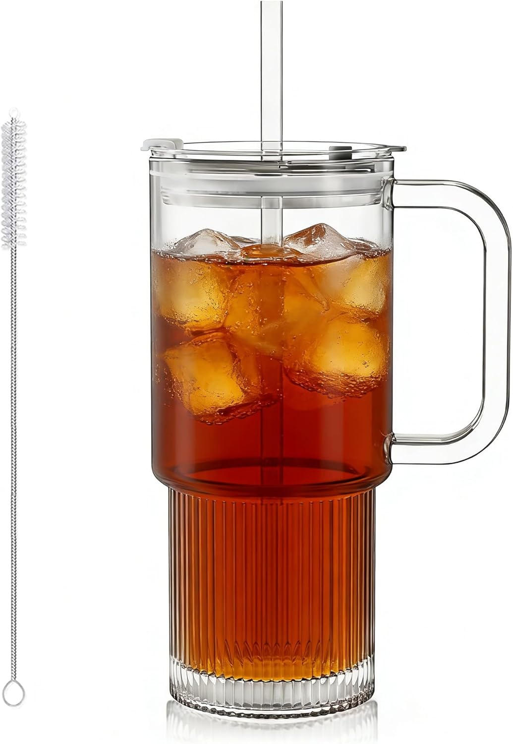 KEMORELA Large 26oz Clear Glass Mug with Handle and Sliding Lid – Aesthetic Ribbed Tumbler for Iced Coffee, Smoothies & Hot Drinks – Reusable Travel Cup with Straw, Dishwasher Safe (Ribbed Tumbler)