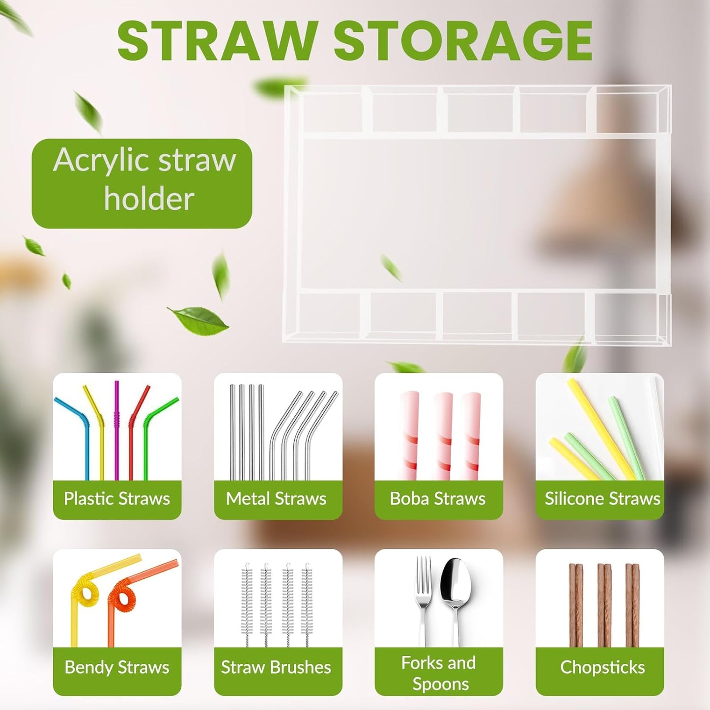 9.8” Large Acrylic Straw Holder for Cabinet Door - Reusable Straw Organizer Storage, Holds 80+ Straws, Ultra Sticky Adhesive Door Mounted, Kitchen Cabinet Accessories Container (Transparent)