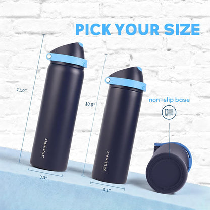 24 oz Stainless Steel Water Bottle with 2-in-1 Quick Flip Straw and Push Button Spout Lid, Fits Car Cupholder, Triple Walled Vacuum Insulated Metal Leakproof, for Gym, Hiking, Trip, Black