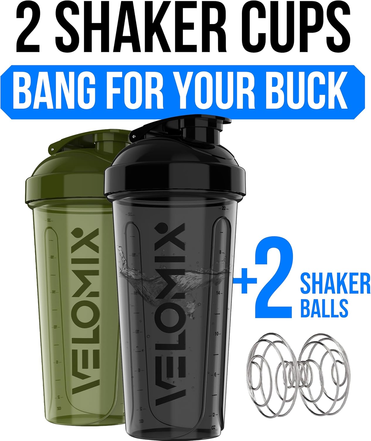 VELOMIX -2 Pack- 28 oz Protein Shaker Bottles for Protein Mixes - 2x Wire Whisk | Leak Proof Shaker Cups for Protein Shakes | Protein Shaker Bottle Pack (Black/Transparent)