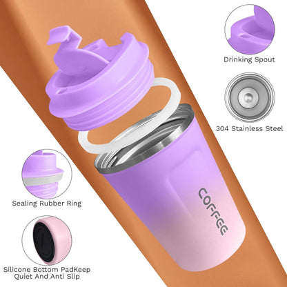 SPLMIFA Travel Coffee Mug Leak-Proof, Reusable Coffee Cups with Lids, Stainless Steel Vacuum Insulated Coffee Tumblers, Thermal Insulation Cup for Men and Women Hot & Cold Drinks(2nd-Green Pink, 12OZ)
