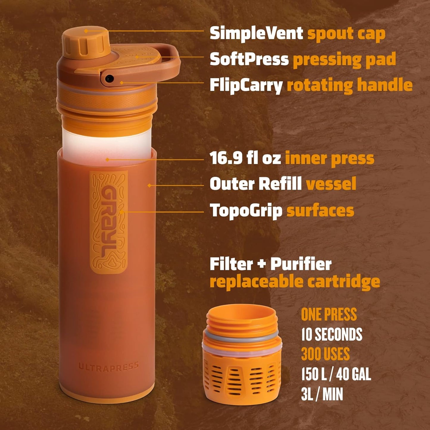 GRAYL UltraPress Water Purifier & Filter Bottle for Hiking, Backpacking, and Travel (Forest Blue)