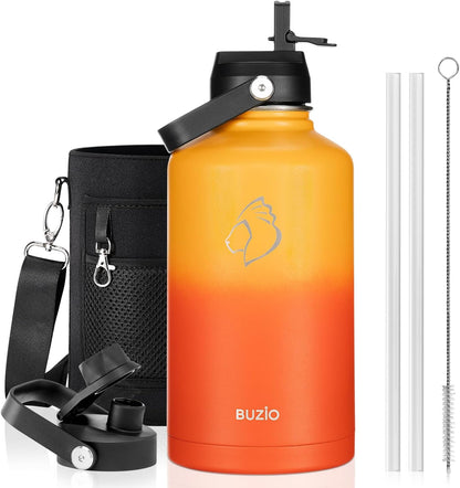 BUZIO 40oz Insulated Water Bottle, Triple Wall Vacuum Stainless Steel Water Flask with 2 lids, Lead-Free BPA-Free Straw Lid Sports Canteen Jug, Cold 48H & Hot 24H- Black - Colors A