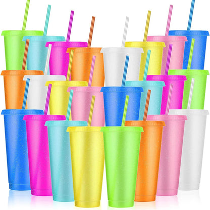 24 Pack Plastic Tumblers with Lids and Straw, Reusable Cups with Lids and Straws Colorful Cups for Cold Drink Iced Coffee, Plastic Tumbler Bulk for Party Birthday Gifts (24 oz, Stylish Colors)