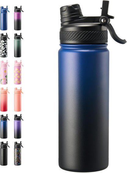 Fijinhom 18 oz Insulated Water Bottle, 2-in-1 Straw and Spout Lid Stainless Steel Thermos, Leak-Proof, Double Wall Vacuum Flask, Keep Cold 24H for Outdoor, Sports, Travel, School (Black)