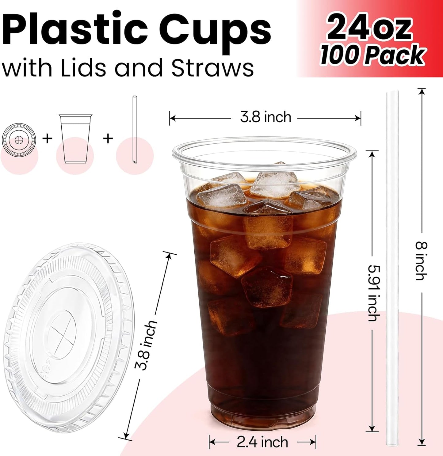 100 Pack 16 oz Plastic Cups with Lids and Straws, Clear Disposable Plastic Cups, Heavy Duty Iced Coffee Cups with Leak-Resistant Lids, Cold Drink Cups for Juice, Coffee and Milk Tea & Party To Go
