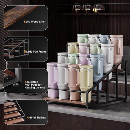 MOJOHAND 4-Tier Stanley Tumbler Organizer, Holds 16 Stanley 40 oz Tumblers & Water Bottles，Fits All Kinds of Bottles, Organizes Pantry, Kitchen, or as a Wine Rack