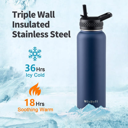 WixByti 40 oz Insulated Water Bottle with Straw (Cold for 36 Hrs), Stainless Steel Triple Wall Vacuum Sports Water Jug, Leakproof Hydro Cup Flask with Paracord Handle & Straw Spout Lids & DIY Stickers