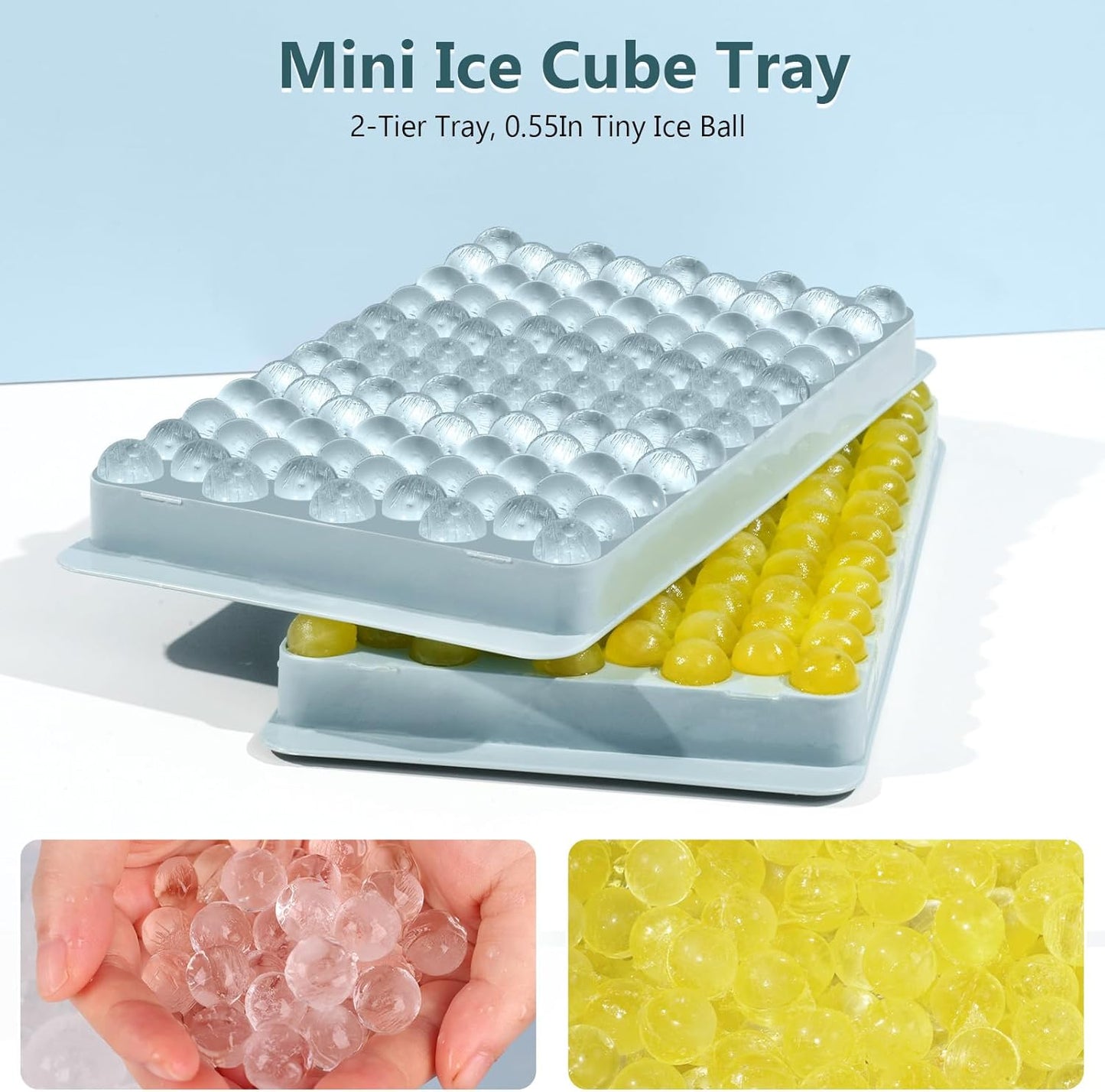 WIBIMEN Mini Ice Cube Trays, 0.55” Tiny Pebble Ice for Iced Coffee & Cocktails, Fast Chill, Easy Twist Release, Stackable with Lid & Storage Bin (4 Pack, Blue)