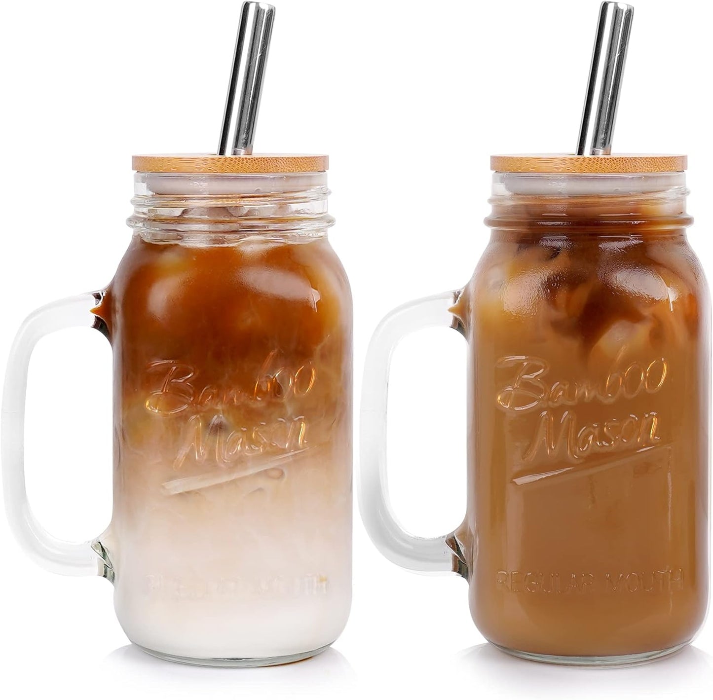 ANOTION Mason Jar Iced Coffee Cup with Lid and Straw, 24oz Regular Mouth Mason Jars with Handle Glass Coffee Drinking Glasses Tumbler Reusable Cups Bottles for Iced Coffee Cups for Travel Office Home
