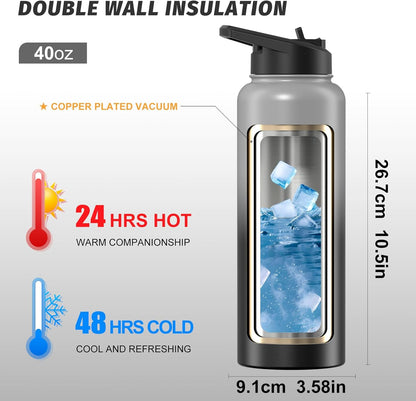 40oz Insulated Water Bottle (Cold for 48 Hrs),BPA Free&Leak Proof,Stainless Steel Water Flask,Water Jug with Straw Spout Lids for Gym,Hiking,Travel,Black Blue