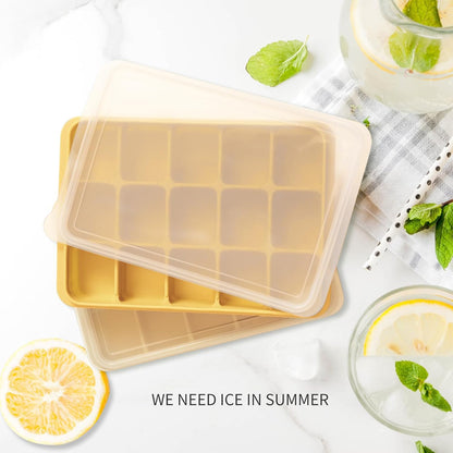Ice Cube Trays Set of 2, Easy Release 15 Flexible Silicone Ice Cube Molds with Removable Lid Reusable Freezer Ice Trays Stackable for Whiskey, Baby Food, BPA Free (BAMBOO GREEN)