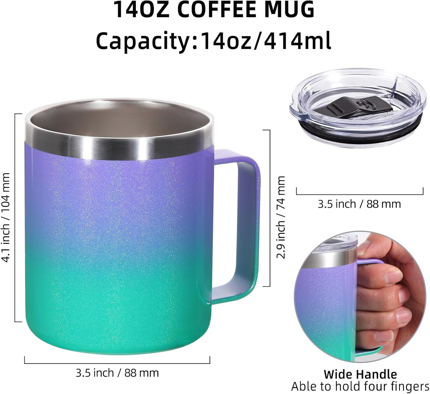 Volhoply 14oz Insulated Stainless Steel Coffee Mug with Lid Bulk 4 Pack,Double Wall Vacuum Travel Coffee Cup with Handle,Reusable Metal Cups Tumbler Cup,Camping Mugs,Ideal Gifts(Mix,4)