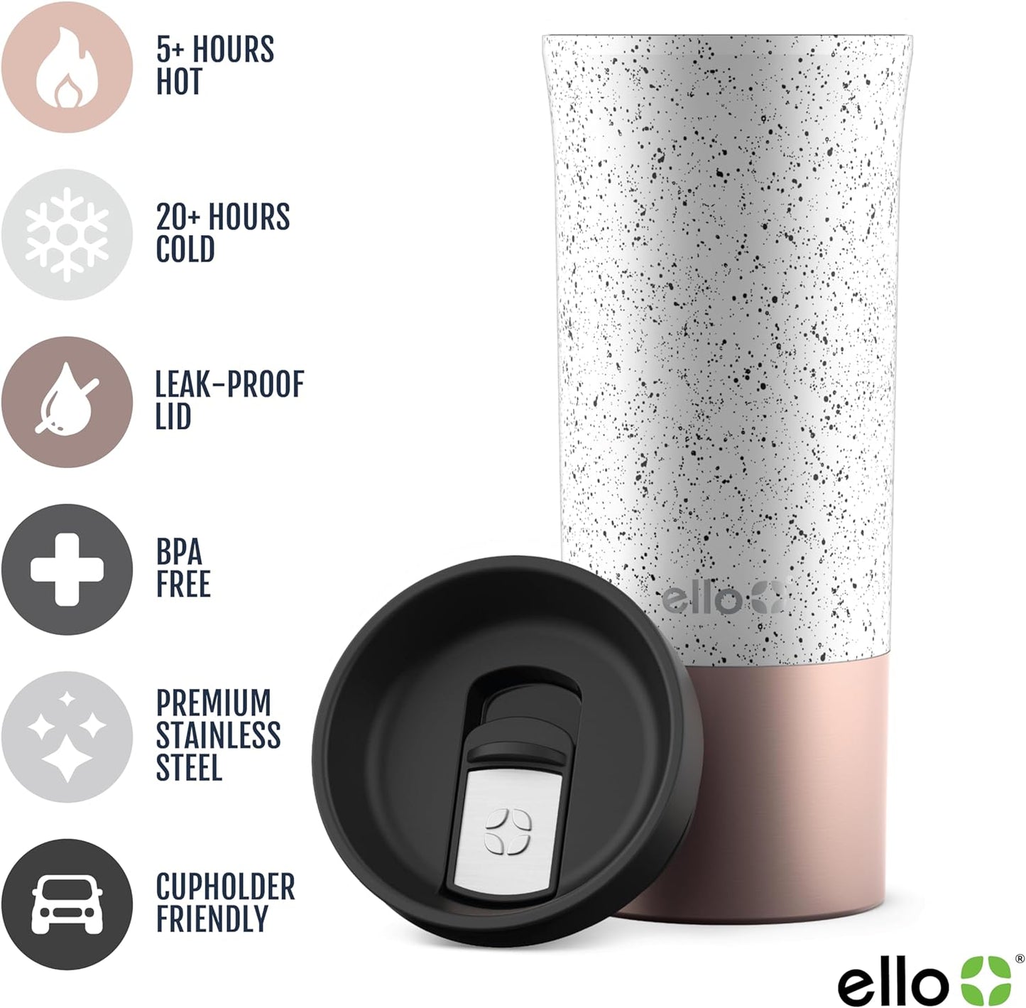 Ello Miri 16oz Vacuum Insulated Stainless Steel Travel Mug, Leak-Proof Slider Lid, Keeps Hot for 5 Hours, Perfect for Coffee or Tea, BPA-Free, Fits Most Cupholders, Holiday Gift, Speckle