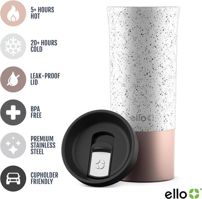 Ello Miri 16oz Vacuum Insulated Stainless Steel Travel Mug, Leak-Proof Slider Lid, Keeps Hot for 5 Hours, Perfect for Coffee or Tea, BPA-Free, Fits Most Cupholders, Holiday Gift, Speckle