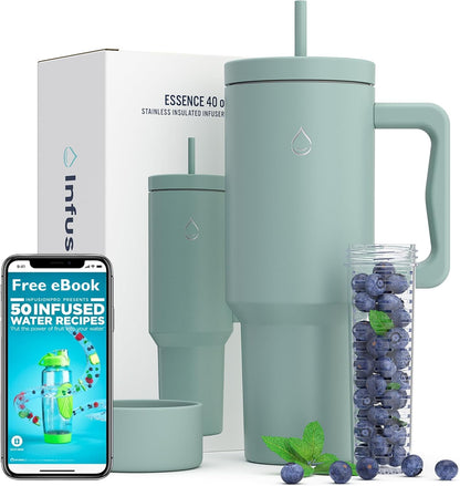 Infusion Pro 40 oz Tumbler with Handle, Fruit Infuser & Straw Lid : 50 Recipe Fruit Infusion eBook : Bottom Boot : Fits Cupholder : Stainless Steel Insulated Travel Mug : Essence (BLUE SURF)