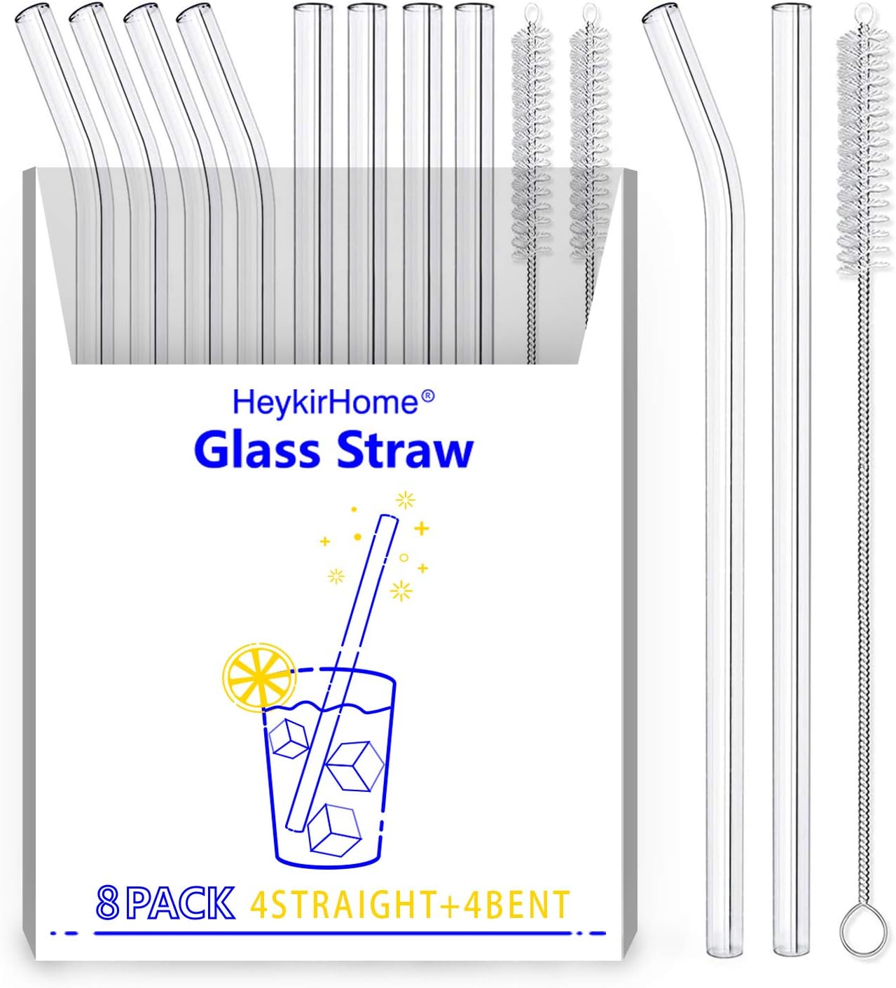 HeykirHome 4-Pack Reusable Glass Straw, Size 8.5''x10 MM,Including 2 Straight and 2 Bent with 2 Cleaning Brush- Perfect For Smoothies, Tea, Juice