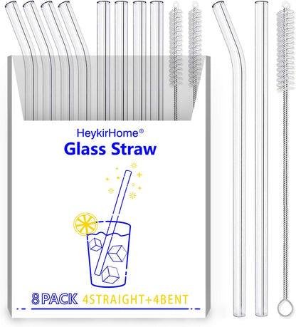 HeykirHome 4-Pack Reusable Glass Straw, Size 8.5''x10 MM,Including 2 Straight and 2 Bent with 2 Cleaning Brush- Perfect For Smoothies, Tea, Juice