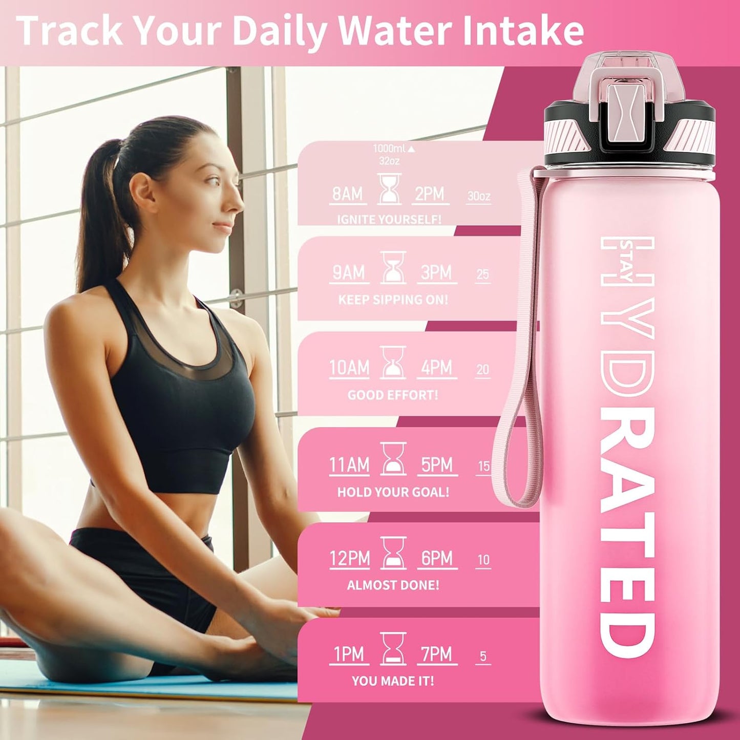 QLUR Water Bottle with Straw, 32oz Motivational Water Bottles with Time Marker to Drink, Tritan BPA Free, 1L Sports Water Bottle with Carry Strap LeakProof for Women Gym Fitness Outdoor (1 Pack)