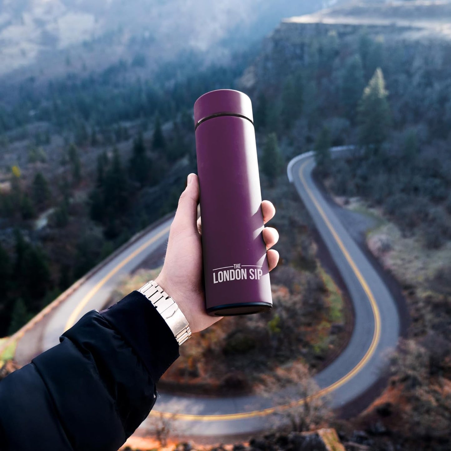 The London Sip Multi-Purpose Travel Mug and Tumbler Fruit Infused Flask Hot and Cold Double Wall Stainless Steel Thermos with Extra-Long Infuser, Purple
