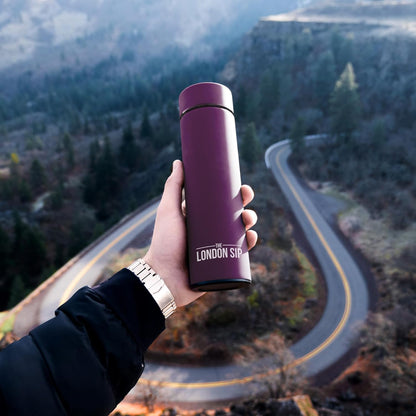 The London Sip Multi-Purpose Travel Mug and Tumbler Fruit Infused Flask Hot and Cold Double Wall Stainless Steel Thermos with Extra-Long Infuser, Purple