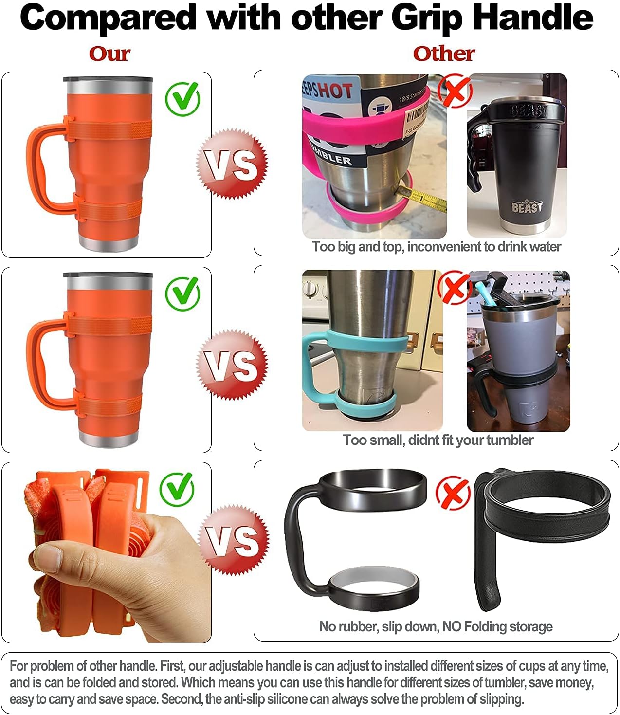 New Upgrade Anti-Slip Adjustable Tumbler Handle Fit for 20 Oz to 40 Oz All Brands Tumbler Cup of YETI, RTIC, Ozark Trail, Tervis, Corkcicle, Slm, Reduce Cold, Artic, Atlin, Bubba and SIC Etc