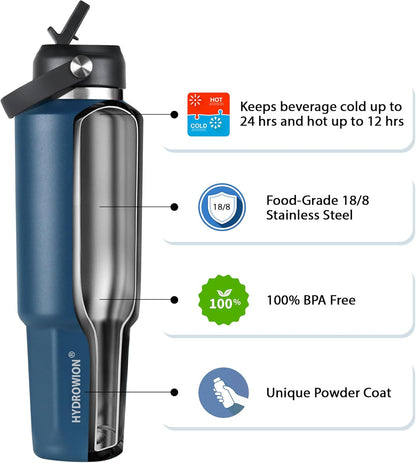 HYDROWION 32oz Stainless Steel Water Bottle(Cold for 48 Hrs, Hot for 24 Hrs),Double Wall Vacuum Insulated Water Bottle with Straw Lid, Spout Lid and Flex Cap, Fit in Any Car Cup Holder,Black