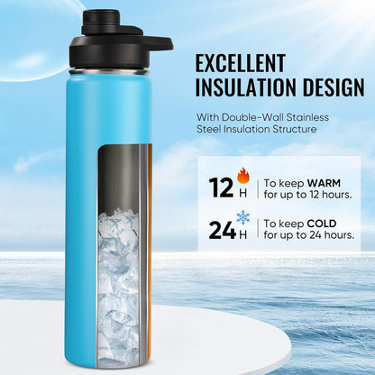 Fijinhom 24 oz Insulated Water Bottle with Handle, 304 Stainless Steel Water Bottles with Wide Mouth, Double Wall Vacuum Sports Water Bottle, BPA Free, Keep Cold and Hot, Black | with Handle