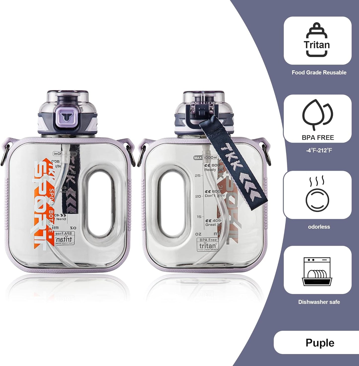 TKK Half Gallon Water Bottle Jug with Straw Large Capacity Plastic Water Bottle Dishwasher Safe 1/2 Gallon 50 Oz Water Bottle Jug BPA Free Tritan for Gym Yoga Travel Camping Outdoor