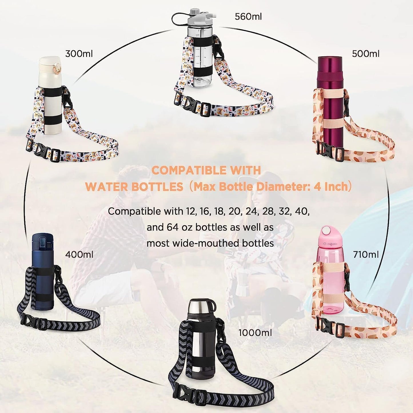 EasyAcc Water Bottle Holder Strap Sling, for Owala FreeSip 24 32 40 oz, Hydro Flask, Cirkul, Yeti, Stanley Flip, Universal Water Bottles, with Carabiner, for Walking Curise Travel (Bottle Excluded)